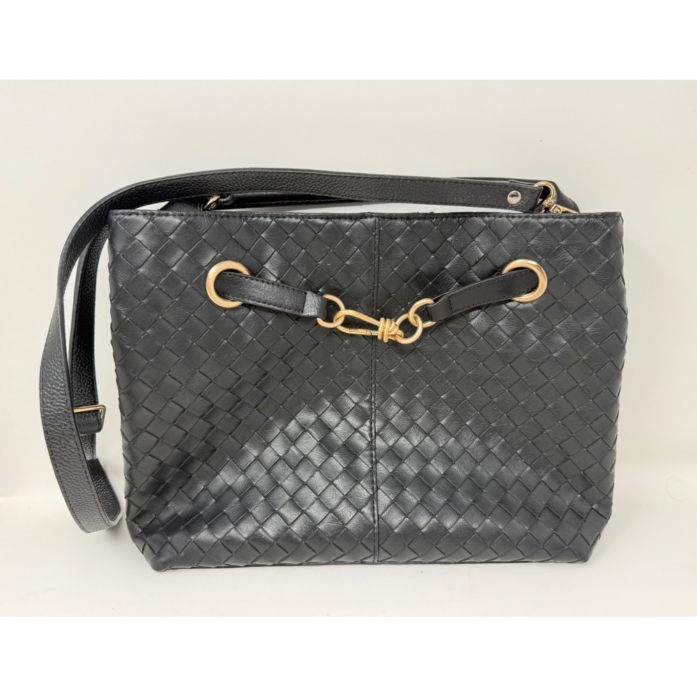 Black Woven Faux Leather Satchel Crossbody Handbag Gold Hardware‎